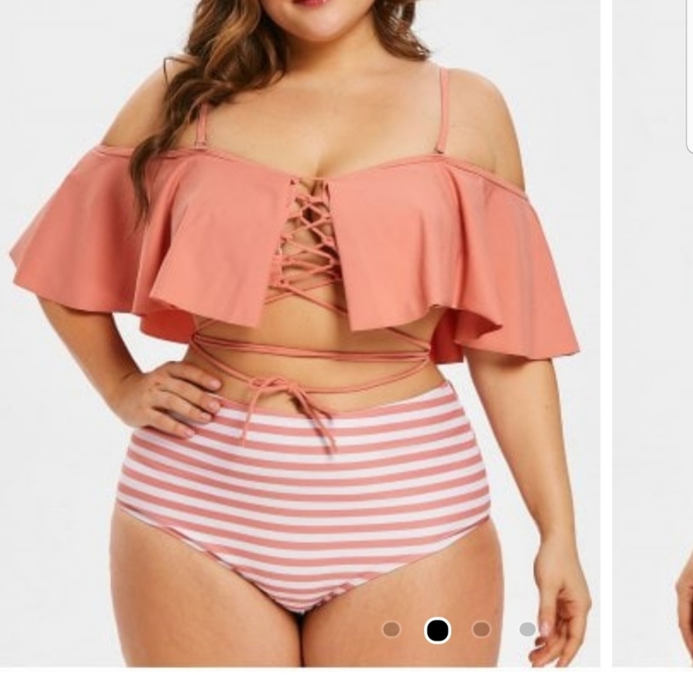 Lace Up Plus Size Striped Panel Bikini Set